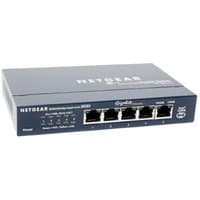 Blue NETGEAR GS105 Unmanaged Gigabit Ethernet switch with five ports and LED indicators.