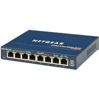Blue NETGEAR GS108 unmanaged switch with eight Ethernet ports and LED indicators.