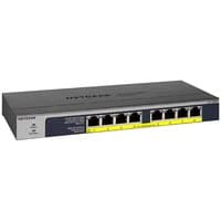 Black NETGEAR GS108PP Ethernet switch with 8 ports, yellow PoE labels, and compact metal casing.