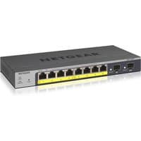 Grey NETGEAR GS110TP Ethernet switch with 8 PoE ports, 2 SFP ports, and LED indicators on front panel.