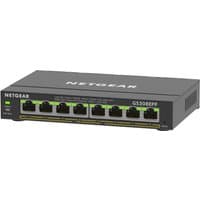 Black NETGEAR GS308EPP Ethernet switch with 8 ports, green LED indicators, and PoE capability.