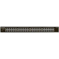 Black NETGEAR GS348 1U rackmount switch with 48 Ethernet ports and LED indicators.