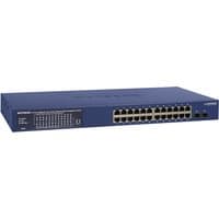 Blue Netgear GS724TP network switch with 24 Ethernet ports and PoE capability, rack-mountable design.