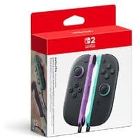 Nintendo Joy-Con 2 Pair, green and purple controllers, in red packaging with product image on front.