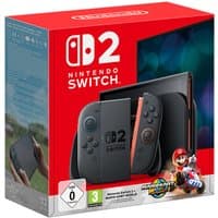 Nintendo Switch 2 console with red and blue Joy-Cons, Mario Kart World game, in red box packaging.