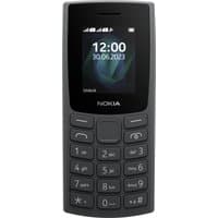 Charcoal Nokia 105 feature phone with 1.8-inch screen, numeric keypad, and compact design.
