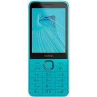 Blue Nokia 235 phone, 2.8-inch screen, numeric keypad, central navigation button, 2MP camera, slim design.
