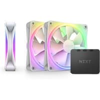 White NZXT F120 RGB DUO fans with colorful LED lights, three-pack, includes a black control hub.