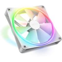 White NZXT F140 RGB DUO fan with colorful LED ring and seven blades, 14 cm size.