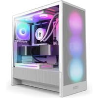 White NZXT H5 Flow RGB Midi Tower with transparent side panel, colorful LED fans, and sleek modern design.