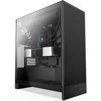 Black NZXT H7 Flow Midi Tower with mesh front panel, tempered glass side, and spacious interior for PC components.