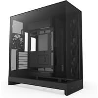 Black NZXT H9 Flow Midi Tower with transparent side panel, multiple fan mounts, and sleek minimalist design.