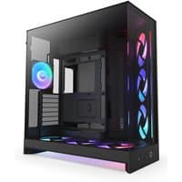 Black NZXT H9 Flow RGB+ Midi Tower with tempered glass panels and vibrant RGB lighting on fans and interior.
