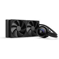 Black NZXT Kraken Plus 240 liquid cooler with dual 12 cm fans and circular pump head with digital display.