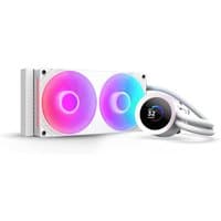 White NZXT Kraken Plus RGB 240 liquid cooler with dual 12 cm fans and circular LED display.