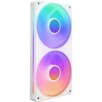 White NZXT computer case fan with dual circular RGB lights and rectangular frame.