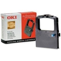 Black OKI 09002303 printer ribbon with rectangular frame and blue knob, next to red and white packaging box.