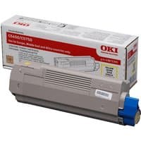 OKI 43872305 yellow toner cartridge with gray casing and blue cap, packaged in branded box.