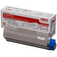 Gray OKI 43872306 toner cartridge with magenta label, rectangular box packaging with product details.