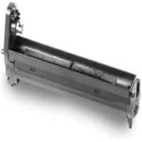 Black OKI 44318506 printer drum with cylindrical shape and side gears, designed for laser printing.