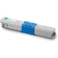 Gray OKI 44469706 toner cartridge with blue accents, original cyan, rectangular shape with connector end.