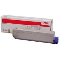 OKI 44844506 magenta toner cartridge, rectangular, gray casing with blue end, next to branded packaging box.