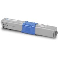 Gray OKI 44973535 toner cartridge with blue accents, rectangular shape, original cyan toner.