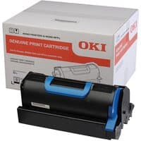 Black OKI 45439002 toner cartridge with blue accents, next to branded white and red packaging box.