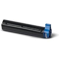 Black OKI toner cartridge with blue locking mechanism and cylindrical shape.