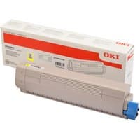Beige OKI 46443101 yellow toner cartridge with blue cap, next to branded box with red and white design.