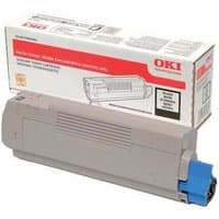 Gray OKI toner cartridge with blue cap, labeled "Black" in front of white and red branded packaging box.