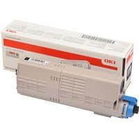 Beige OKI 46490404 toner cartridge with blue cap, in front of branded packaging box.