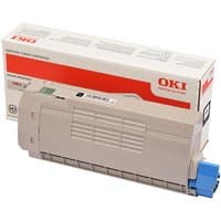 Beige OKI 46507616 toner cartridge with blue cap, next to branded packaging box.