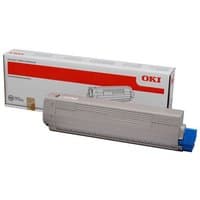 OKI 46508710 magenta toner cartridge, rectangular gray body with blue cap, box with red and white design in background.
