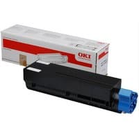 OKI black toner cartridge with black body, blue cap, and branded packaging box in white and red.