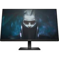 Black OMEN by HP 23.8" FHD gaming monitor, slim bezels, rectangular stand, displaying a dark-themed game character.