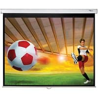Optoma DS-3084PWC projection screen, 84-inch, 4:3 ratio, white casing, displaying soccer image.