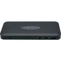 Black Origin Storage USB-C docking station with rounded edges, logo on top, and multiple front ports including USB and HDMI.