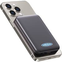 Black Origin 10000mAh ultra-thin mini wireless power bank with blue logo, attached to a smartphone.