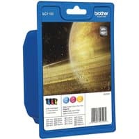 Brother LC1100 Ink Cartridge Multipack in blue packaging with planet design, includes cyan, magenta, yellow cartridges.