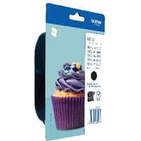 Brother LC123BK black ink cartridge in blue box with cupcake image and product details on the front.