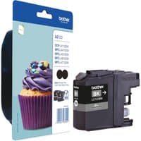 Brother LC123BK Black Ink Cartridge Twin Pack, blue packaging with cupcake image, black cartridge visible.