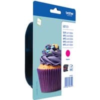 Brother LC123M Magenta Ink Cartridge in blue packaging with cupcake image and printer compatibility list.