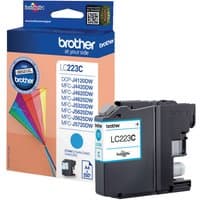 Cyan Brother LC223 ink cartridge with blue label, next to colorful branded packaging box.