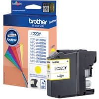 Yellow Brother LC223 ink cartridge with black casing, shown with colorful branded packaging.