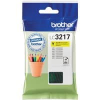 Yellow Brother LC3217Y ink cartridge in blue and green packaging with colorful pen cup graphic.