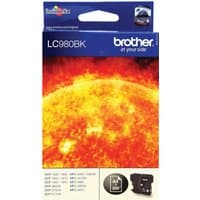 Brother LC980BK black ink cartridge in blue and orange packaging with sun image and Brother logo.