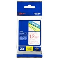 Brother P-Touch TZE132 12mm gloss tape, red on clear, in blue and white packaging with product details.