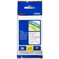 Brother P-Touch TZE145 18mm gloss tape, white on clear, in blue packaging with product details and logo.