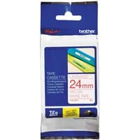 Brother P-Touch TZE252 24mm gloss tape, red on white, in blue and white packaging with product details.